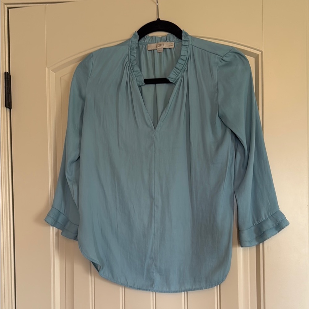 Light Blue Women's Blouse Petite XXS Loft with Ruffled Trim